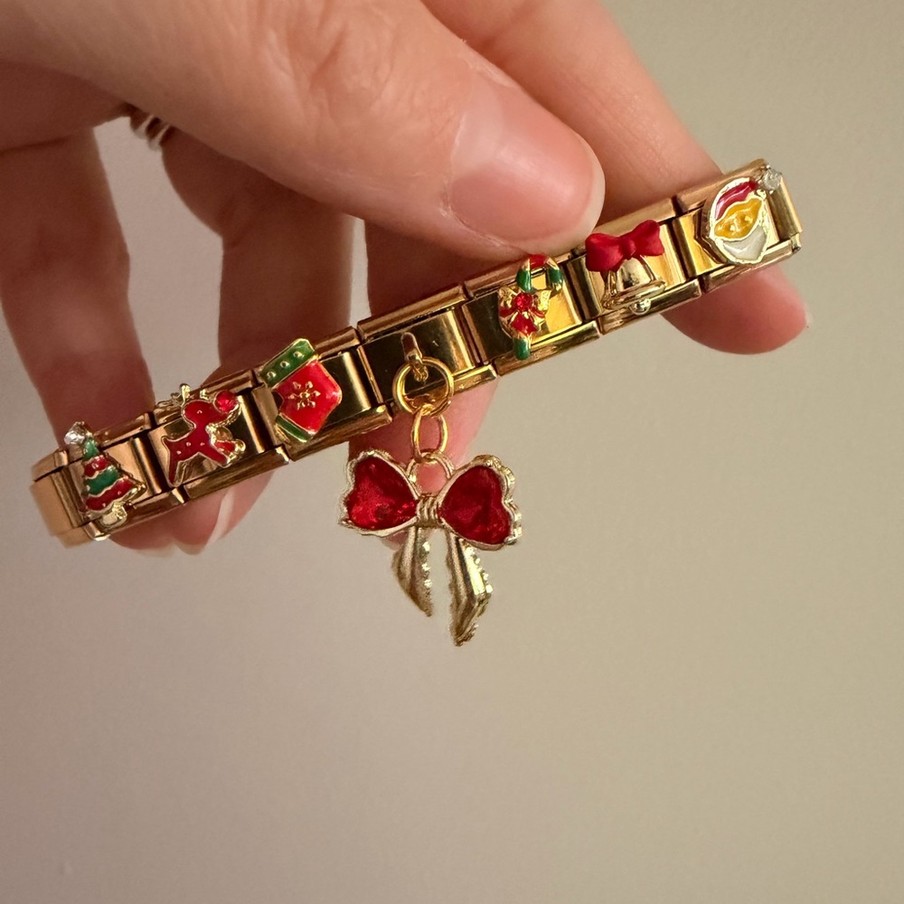🎀 Christmas Italian Charm Bracelet with Red Bow Dangle